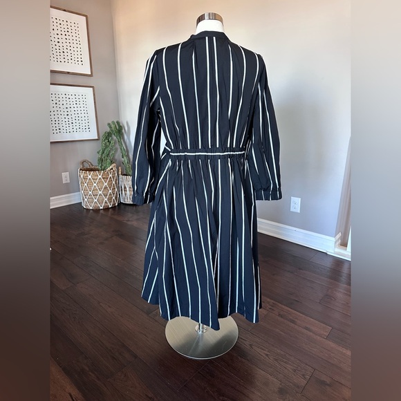 J. Crew Cinched-Waist Cotton Poplin Midi Dress Black & Ivory Stripe LG Worn 1x - Picture 5 of 13